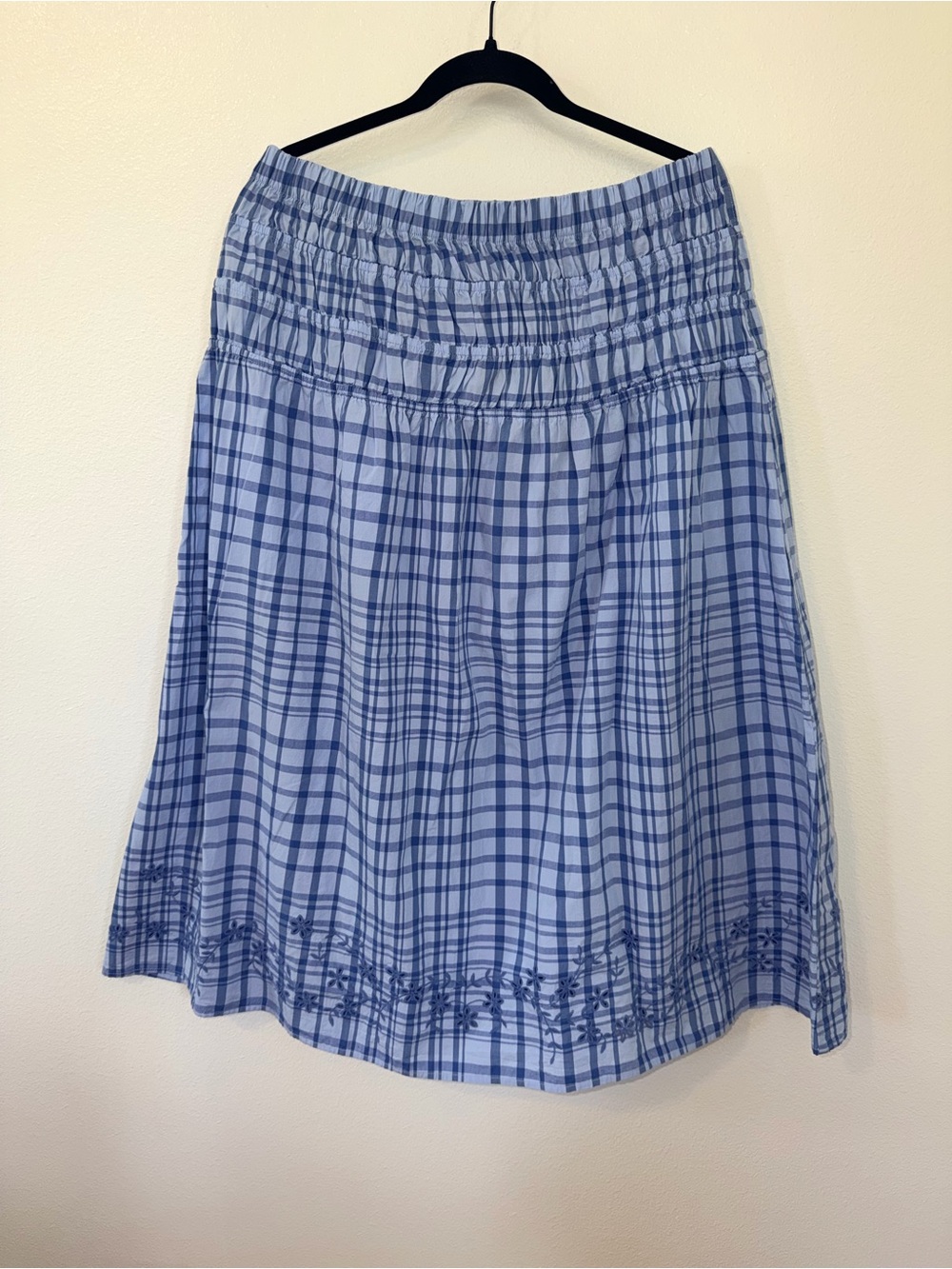 Blue Plaid A-Line Skirt with Embroidered Hem